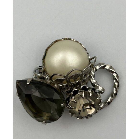 Vintage Schreiner Smoky Rhinestone Faux Pearl Silver Tone Rope Clip Earrings - Picture 2 of 5